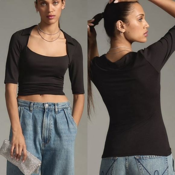 Anthropologie Collared Square Neck Tee in Black Size Large NWT - Picture 1 of 8